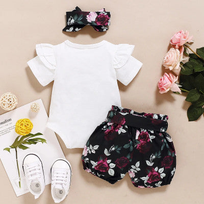 الوليد الطفل بنات ملابس الصيف مجموعة قصيرة الأكمام رومبير الأزهار السراويل مع Bowknot عقال 3 قطعة وتتسابق مجموعة ل 0-18 أشهر