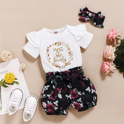 الوليد الطفل بنات ملابس الصيف مجموعة قصيرة الأكمام رومبير الأزهار السراويل مع Bowknot عقال 3 قطعة وتتسابق مجموعة ل 0-18 أشهر