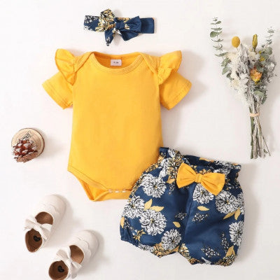 طفلة كشكش قصيرة الأكمام ارتداءها ، عادي اللون الملابس مجموعة ، الأزهار قصيرة عقال ، جميل الصيف زي ، 0-18 أشهر ، 3 قطعة