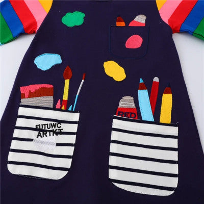 فستان للأطفال نمط Preppy ، فساتين مدرسية مع جيوب ، تطريز القلم ، كم طويل ، فستان أطفال الخريف ، القفز متر ، 2-7T ، الأكثر مبيعا