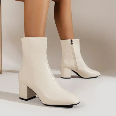 حذاء برقبة أبيض كاحل للنساء ، سحاب جانبي ، كعب متوسط ، حذاء مدبب ، حجم كبير ، مطاطي ، قصير ، موضة ،