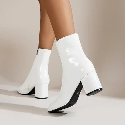 حذاء برقبة أبيض كاحل للنساء ، سحاب جانبي ، كعب متوسط ، حذاء مدبب ، حجم كبير ، مطاطي ، قصير ، موضة ،
