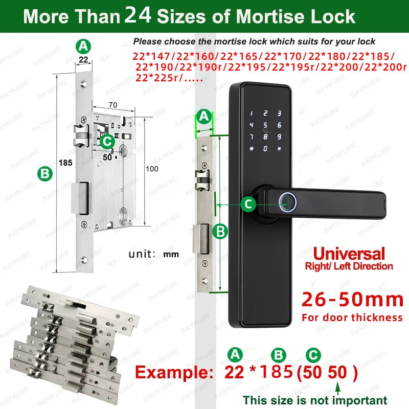 قفل باب إلكتروني بيومتري بنظام بصمة الإصبع RAYKUBE K20 2024 يدعم 9 لغات مع تطبيق Tuya وبطاقة IC وكلمة مرور وفتح بالمفتاح