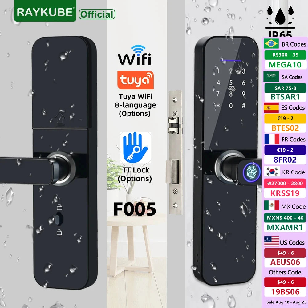 قفل باب ذكي إلكتروني RAYKUBE F005 مقاوم للماء IP65 مع تقنية بصمة الإصبع وبطاقة ذكية وكلمة مرور وفتح بواسطة التطبيق