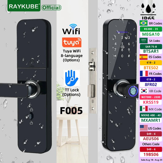 قفل باب ذكي إلكتروني RAYKUBE F005 مقاوم للماء IP65 مع تقنية بصمة الإصبع وبطاقة ذكية وكلمة مرور وفتح بواسطة التطبيق