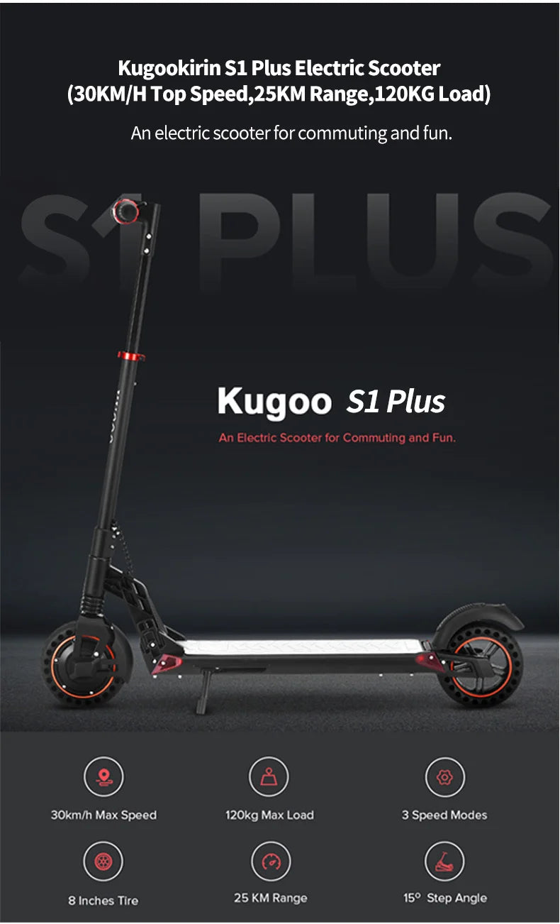 سكوتر كهربائي Kugoo S1 Plus ببطارية ليثيوم عالية الأداء تدوم حتى 30 كم مع تصميم خفيف وقابل للطي