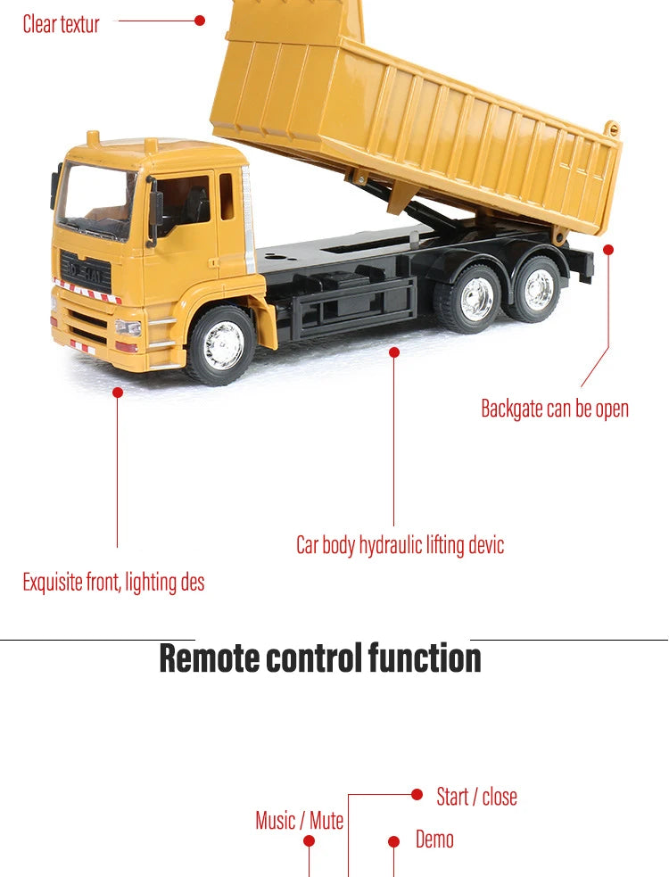 لعبة شاحنة تفريغ RC للأطفال باللون الأصفر، نموذج هندسي لنقل السيارات، هدايا عيد الميلاد وعيد الميلاد للأولاد