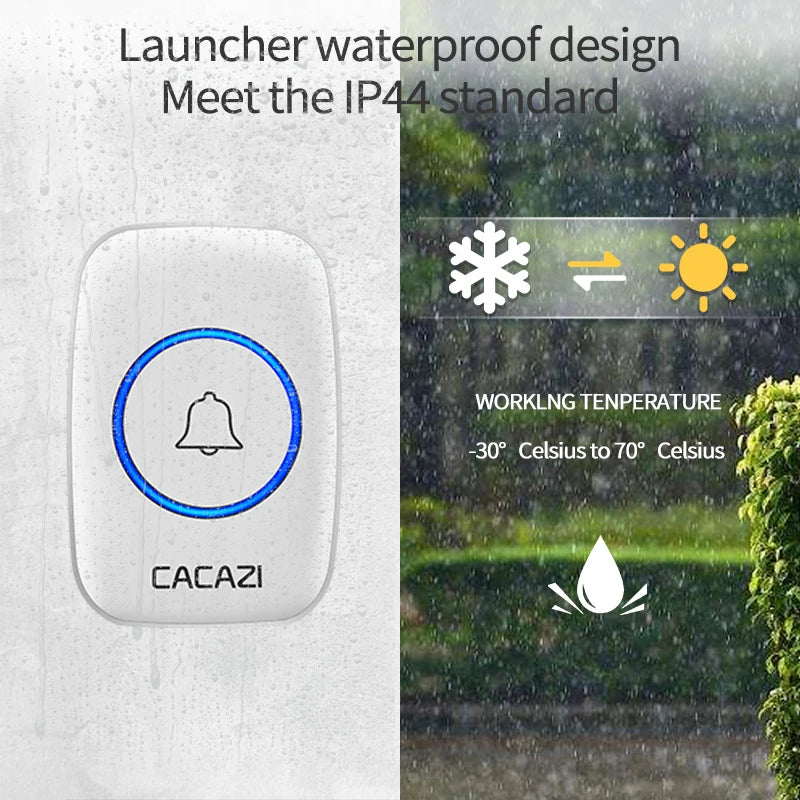 جرس باب لاسلكي مقاوم للماء من CACAZI مع مقبس أمريكي وأوروبي وبريطاني، نطاق 300 متر، جرس ذكي منزلي باللون الأبيض مع زر واحد أو اثنين، 1 و 2 و 3 جهاز استقبال