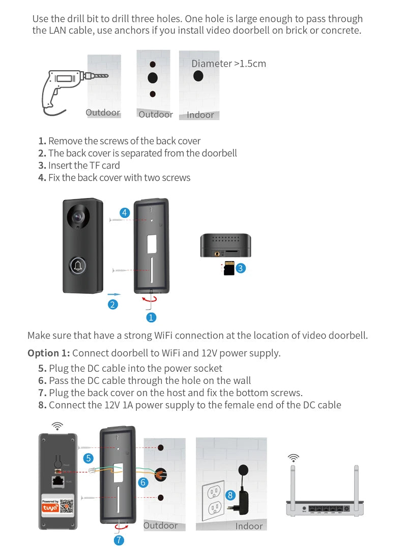 جرس باب IP واي فاي 2MP 1080P مع تطبيق تويا وزاوية عريضة ومرشد صوتي وكاميرا رؤية الباب مع جرس