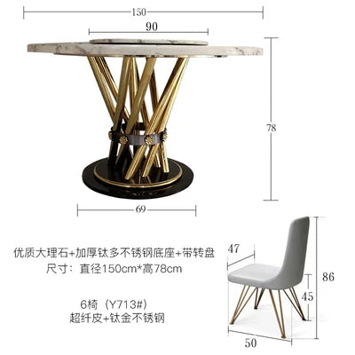 طقم طعام دوار من الرخام الحديث مع 6 كراسي من الفولاذ المقاوم للصدأ