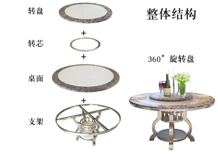 طاولة طعام دائرية من الرخام الأوروبي بتصميم حديث، تتسع لـ10 أشخاص مع طاولة دوارة من الفولاذ المقاوم للصدأ
