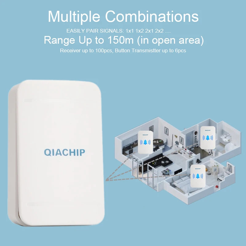 جرس باب لاسلكي QIACHIP مقاوم للماء بدون بطارية مع طاقة ذاتية - مجموعة جرس الباب للاستخدام المنزلي والخارجي