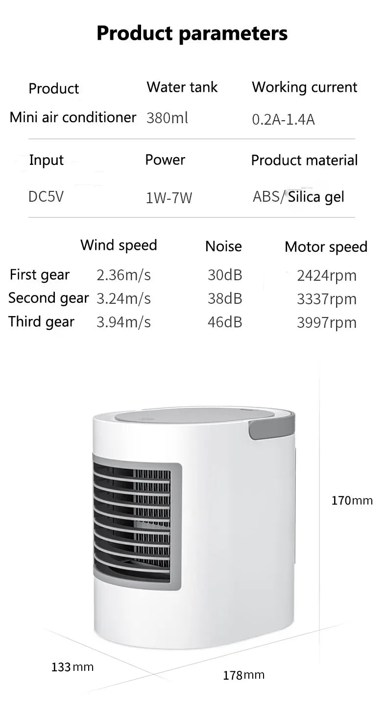 مكيف هواء محمول صغير USB مع مرطب وم purifier بسرعات هواء ثلاثية للتبريد المنزلي والمكتبي