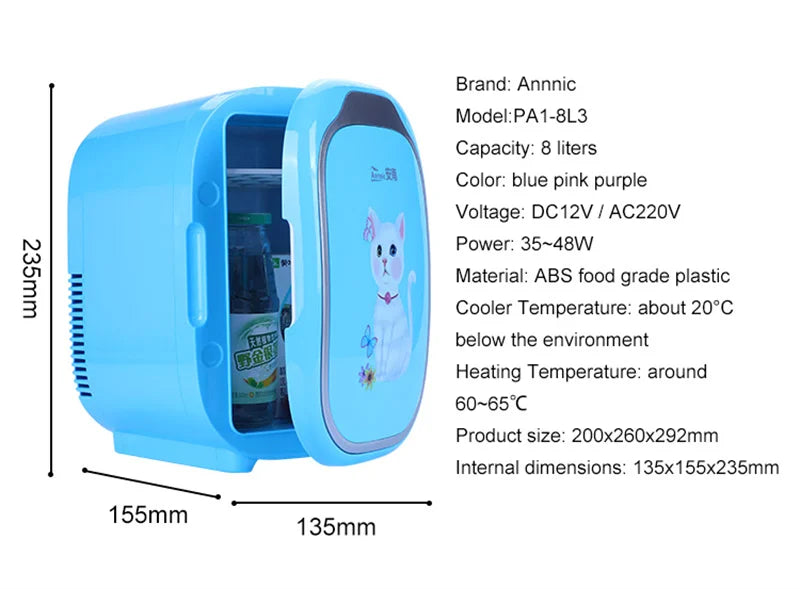 ثلاجة تجميل صغيرة على شكل قطة بسعة 6 لتر للسيارة والمنزل مع خاصية التبريد والتسخين BX09