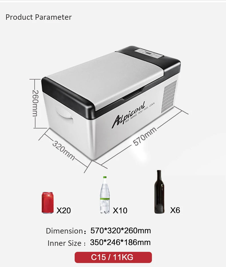 ثلاجة سيارة بحجم 15 لتر بتقنية التبريد الذكي - ثلاجة منزلية متعددة الاستخدامات 12V/24V مع تطبيق للتحكم عن بُعد