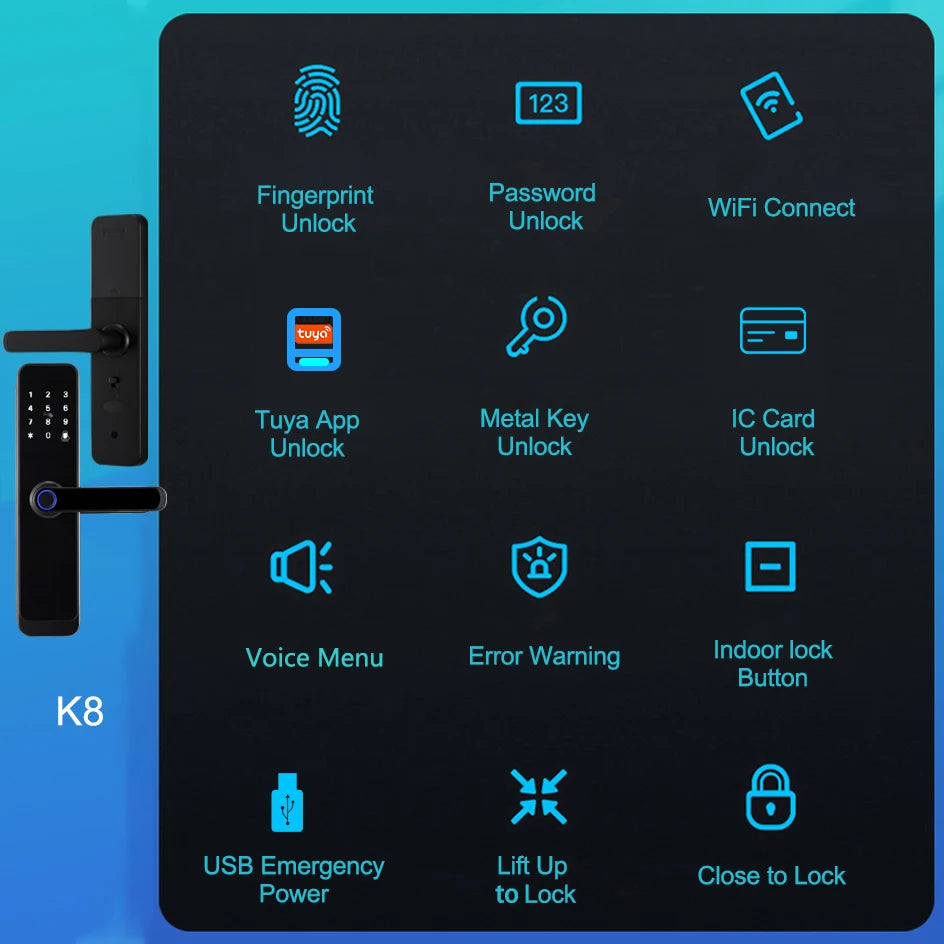 قفل باب ذكي RAYKUBE K8 بتقنية البلوتوث وWiFi مع بصمة إصبع وكلمة مرور وبطاقة IC 13.56MHZ بدون مفتاح