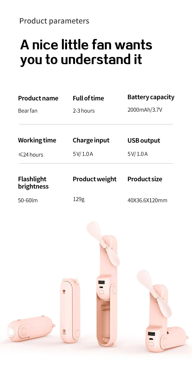 مروحة محمولة متعددة الوظائف صغيرة مزودة بمروحة تبريد هوائية USB 2000mAh، مروحة جيب قابلة للشحن مع وظيفة بنك الطاقة والمصباح