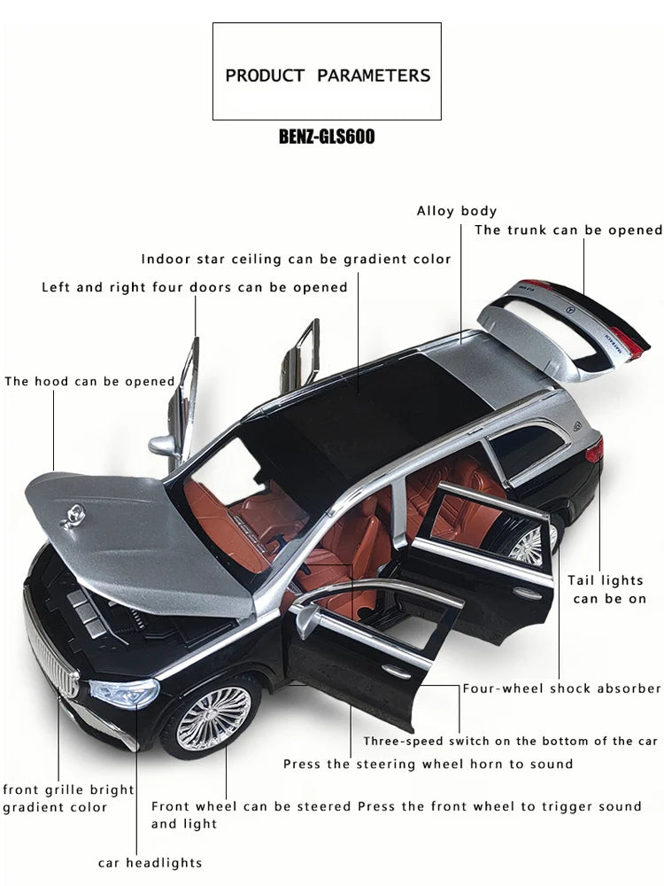 سيارة نموذجية من معدن بنز مايباخ GLS600 بحجم 1:24 مع صوت وضوء، لعبة سحب خلفي، سيارة دفع رباعي، هدية ديكور لجمع الأولاد