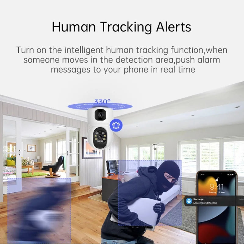كاميرا مراقبة داخلية دوارة 4K 8MP مع عدستين، تتبع تلقائي، صوت ثنائي الاتجاه، رؤية ليلية ملونة عبر الواي فاي