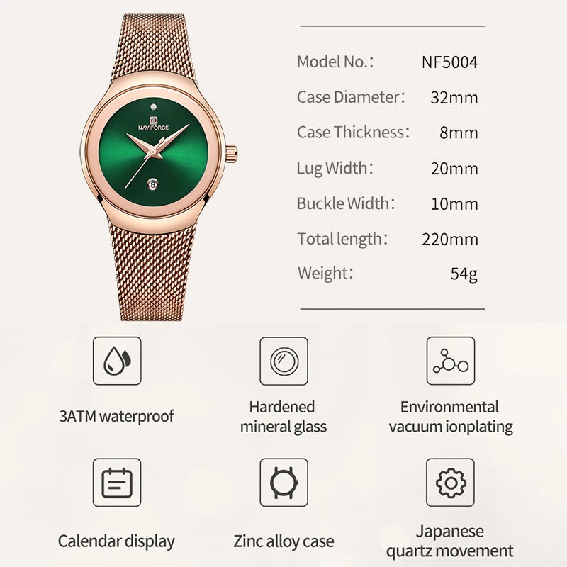 ساعة نسائية فاخرة من NAVIFORCE بمواصفات عمل مكتبي، حزام ستانلس ستيل ومقاومة للماء