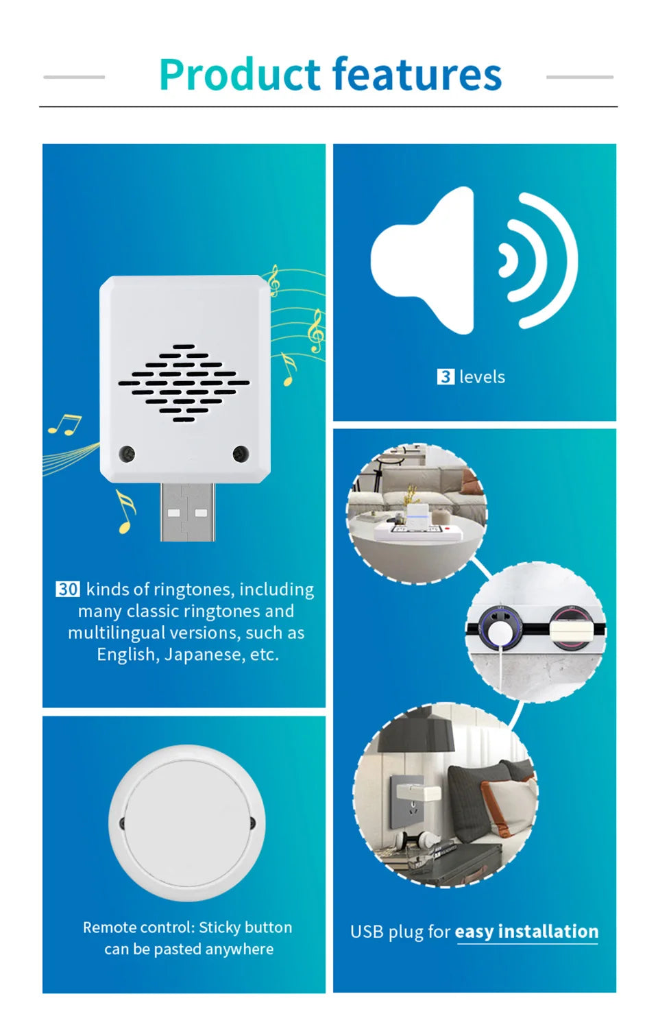 جرس باب لاسلكي DC 5V RF433 MHz مع تحكم عن بعد، 30 نغمة متاحة، تعديل حجم الصوت، مثالي للاستخدام في المنزل أو في الهواء الطلق، جرس USB لرعاية السرير واستدعاء المساعدة