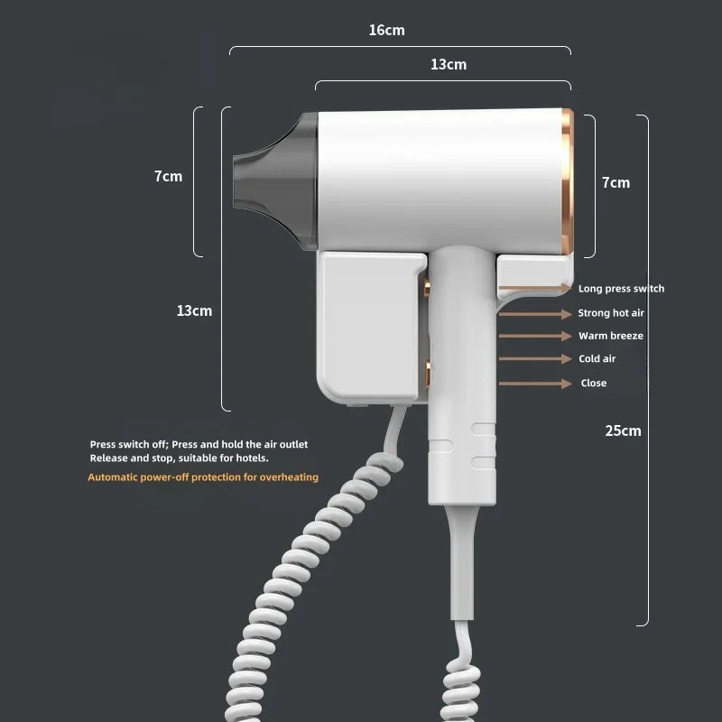 مجفف شعر احترافي للفنادق 220 فولت مثبت على الحائط بقوة عالية مع ضوء أزرق وأيونات سلبية للعناية بالشعر