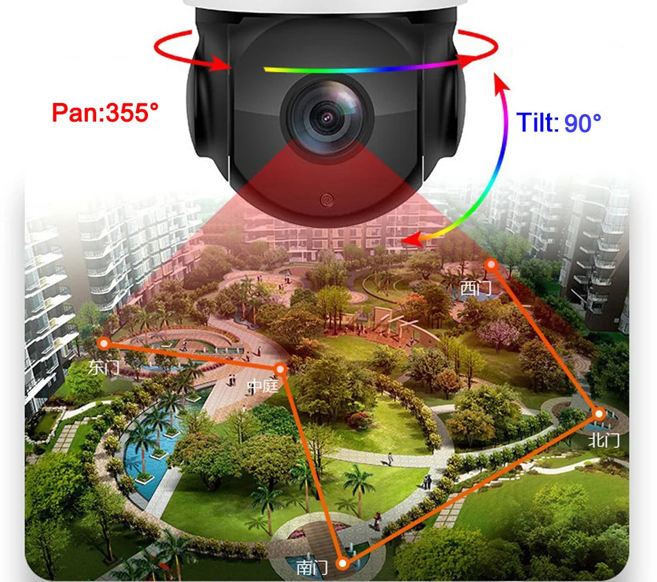 كاميرا أمان IP PTZ 2 في 1 بدقة 8MP 4K مع تتبع تلقائي وتكبير بصري 54X، تخزين 256GB، واي فاي وPOE، رؤية ليلية ملونة وصوت إنذار