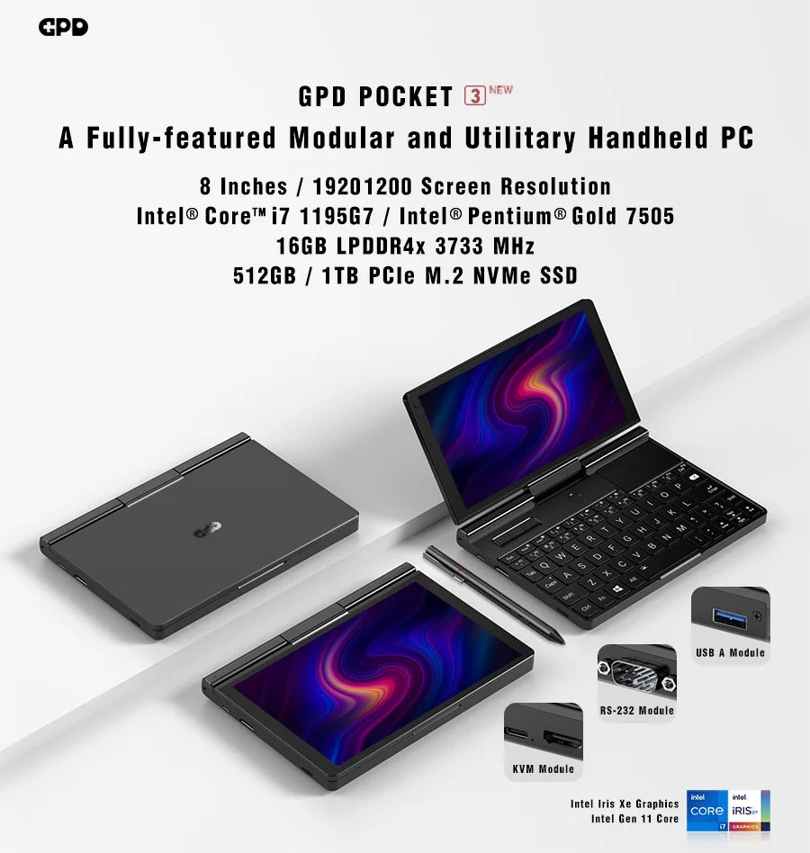 جهاز كمبيوتر محمول ميني GPD Pocket 3 بحجم 8 إنش بمعالج Intel Core i7 1195G7 وذاكرة 16GB/1TB وPentium 7505 وذاكرة 16GB/512GB مع إمكانيات كاملة ووصلات WIFI