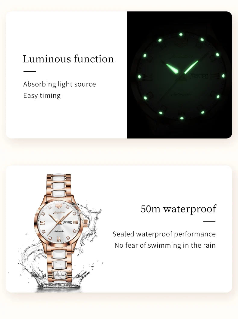 ساعة ميكانيكية أوتوماتيكية أصلية للنساء من JSDUN - ساعة أنيقة وعصرية مضادة للماء مع تقويم