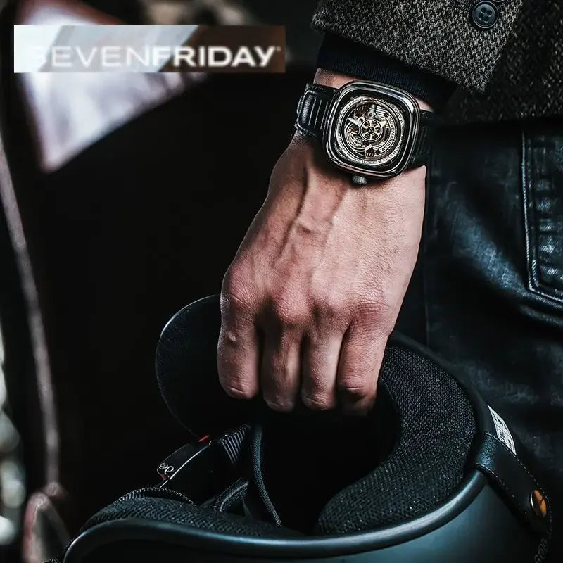 ساعة ميكانيكية رجالية مقاومة للماء من SEVENFRIDAY، بقرص كبير مربع، ذات حركة أوتوماتيكية، سلسلة S، تدعم NFC، بأسلوب نبيل، S2/01