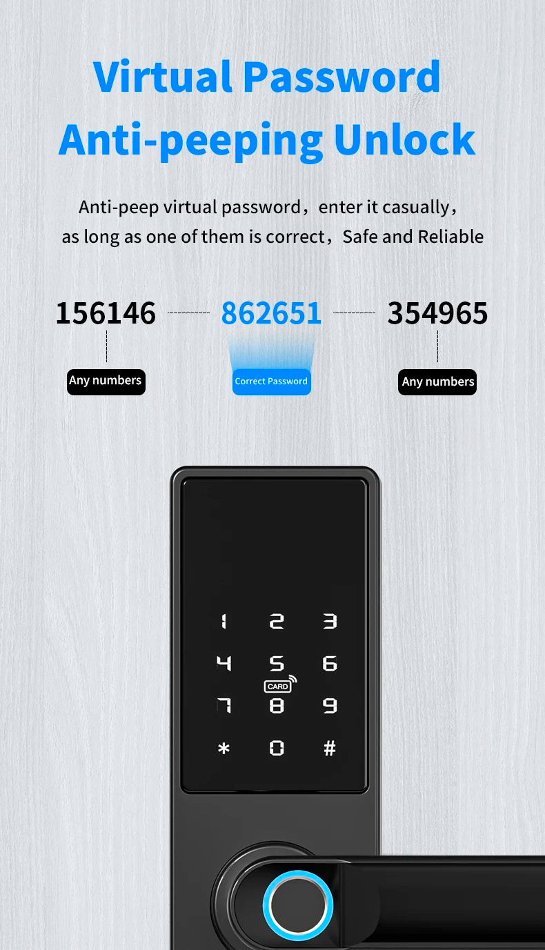 قفل باب إلكتروني بيومتري ذكي أسود مع تطبيق تويا وفتح عن بُعد بواسطة بصمة الإصبع