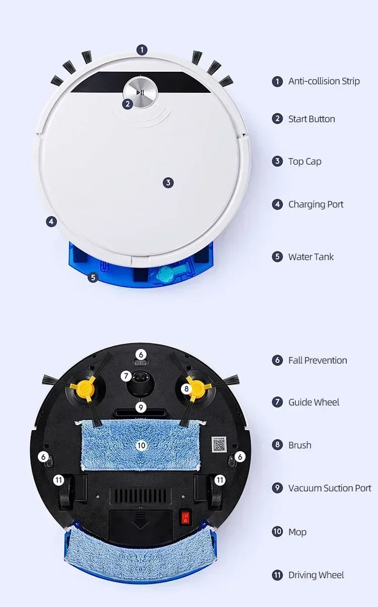 مكنسة روبوتية ذكية للمنزل مع شفط قوي وتنظيف رطب وجاف، جهاز كهربائي لتنظيف الأرضيات