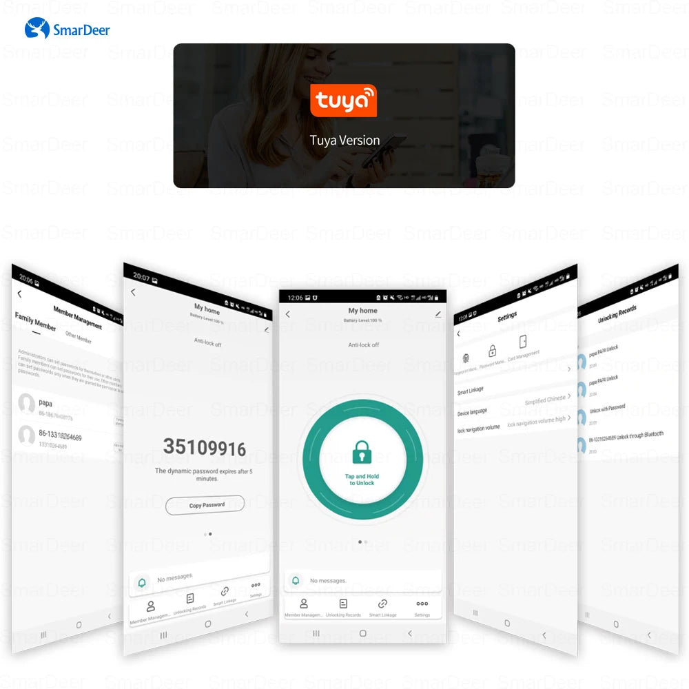 قفل إلكتروني ذكي سمار دير بتقنية التعرف على بصمة الإصبع مع خيارات فتح متعددة: كلمة مرور، بطاقة RFID، وفتح عبر التطبيق