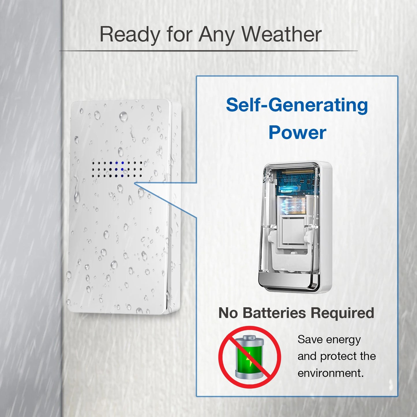 جرس باب لاسلكي مقاوم للماء يعمل بالطاقة الذاتية مع 38 لحن اختياري وعرض درجة الحرارة للأماكن الداخلية والخارجية