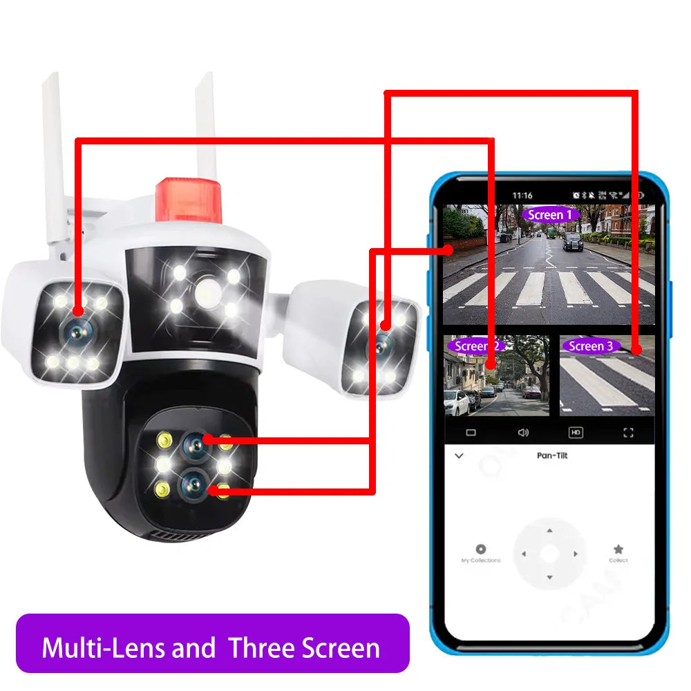 كاميرا مراقبة ذكية بخاصية تكبير PTZ 10X مع عدستين وثلاث عدسات WiFi للمنازل، رؤية بانورامية 360°، فيديو أمني 16MP، كاميرا خارجية مقاومة للماء