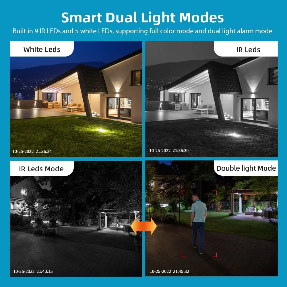 كاميرا مراقبة خارجية بدقة 4K وعدسة مزدوجة 8MP مع شاشة مزدوجة وواي فاي، كاميرا تتبع تلقائي IP66 مضادة للماء