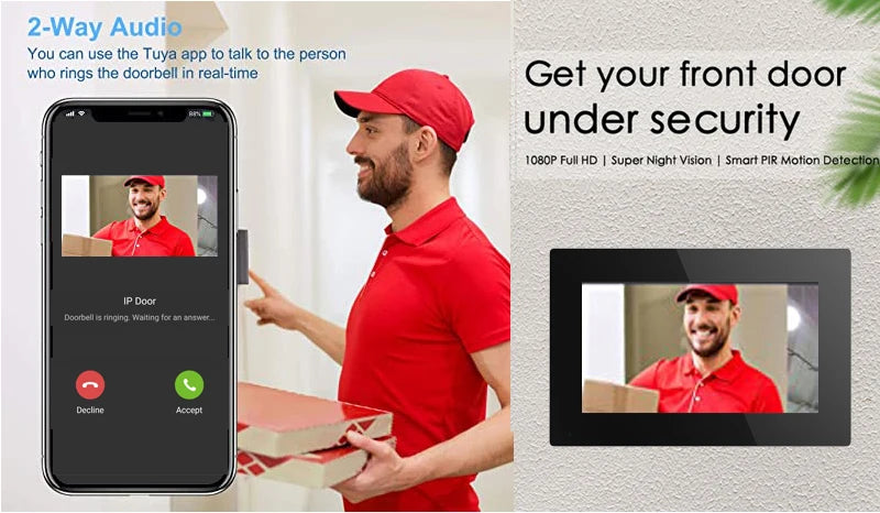 جهاز اتصال مرئي مع جرس باب بشاشة IPS مقاس 7 بوصات بدقة 2 ميجابكسل و1080 بكسل مع تطبيق Tuya ونظام AHD WIFI