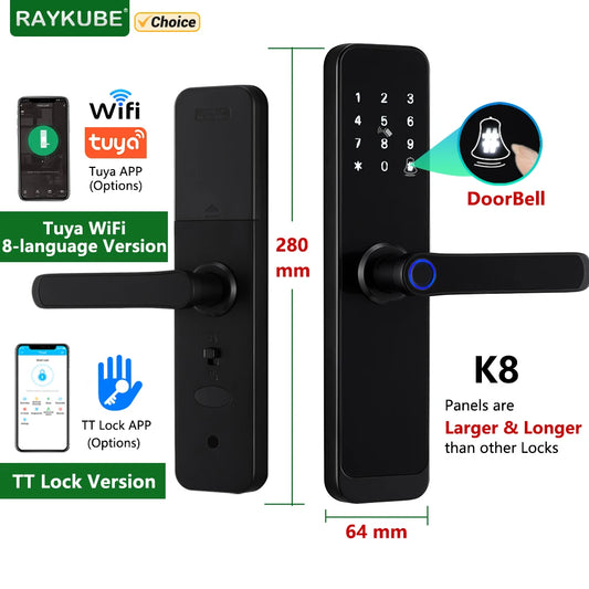 قفل باب ذكي RAYKUBE K8 بتقنية البلوتوث وWiFi مع بصمة إصبع وكلمة مرور وبطاقة IC 13.56MHZ بدون مفتاح