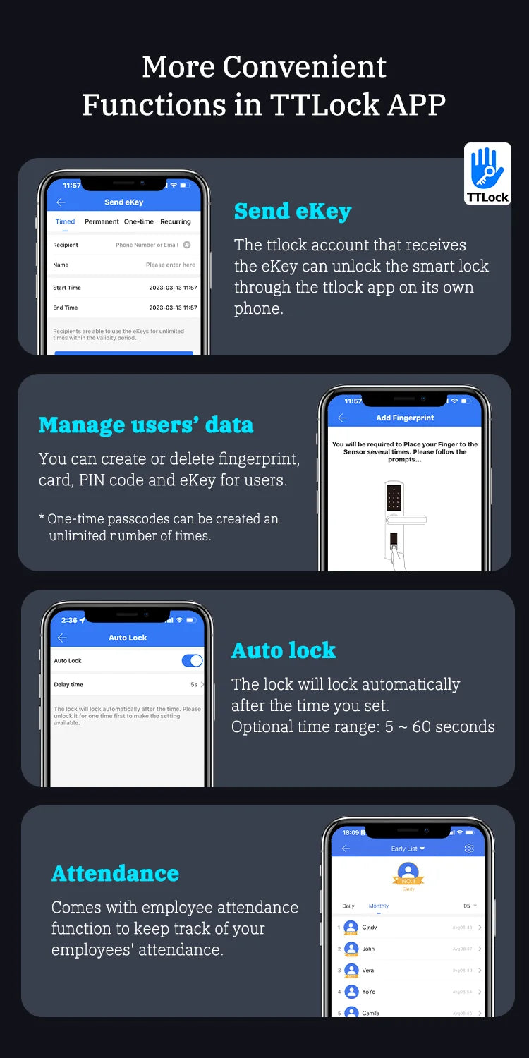 قفل باب ذكي ببصمة الأصبع بلوتوث مع تطبيق TTLock وكود بطاقة وفتح شاشة تعمل باللمس لقفل باب أمان رقمي إلكتروني للمنزل