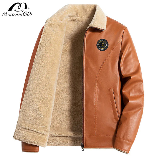 MaiDangDi Lamb Fleece Autumn Winter Thick Mens Leather Jacket Retro Motorcycle Jacket Men Plus Fleece Lapel Men's Clothing