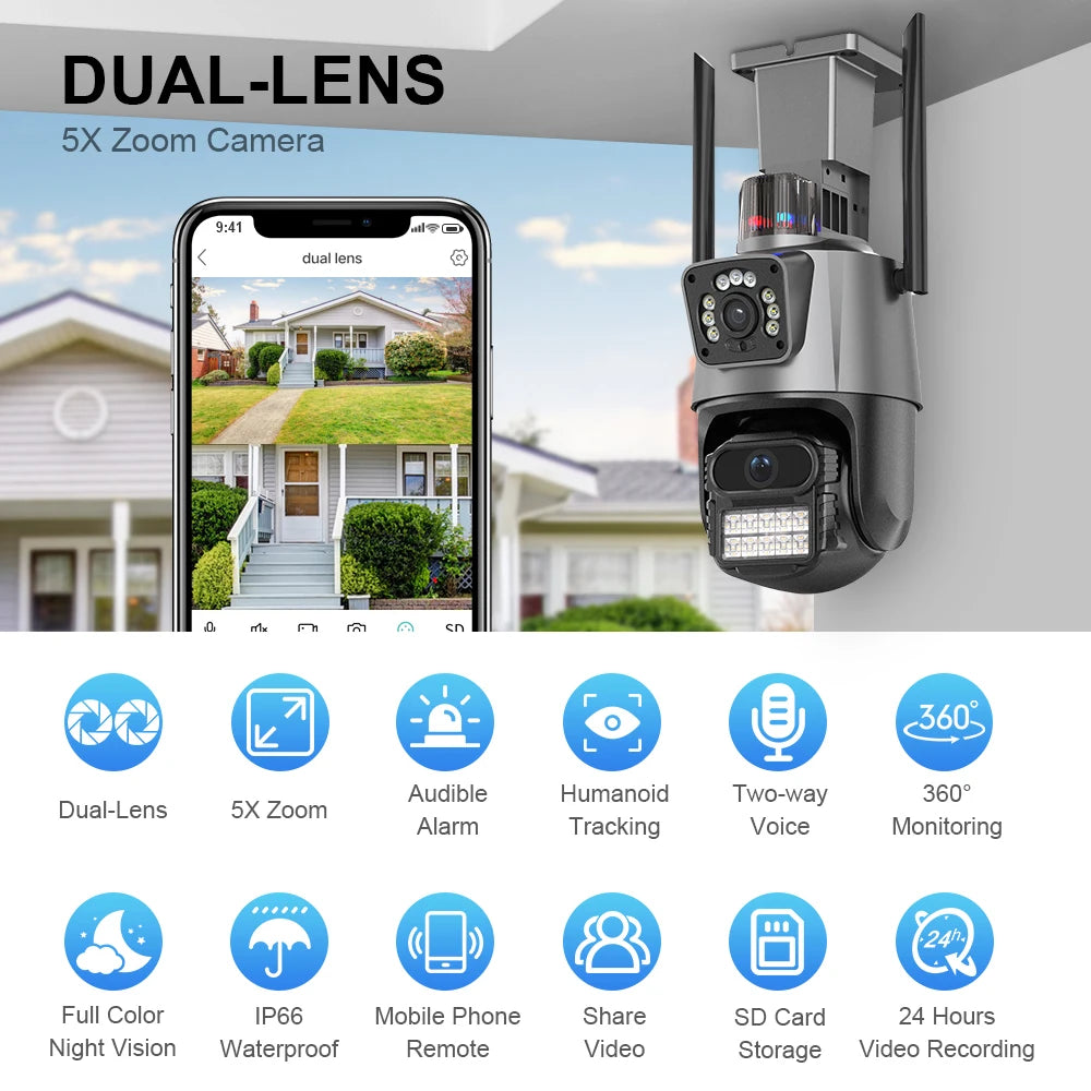 كاميرا واي فاي PTZ بدقة 8MP مع رؤية ليلية ملونة للشاشة المزدوجة، كاميرا مراقبة خارجية 4MP مع تطبيق ICSEE