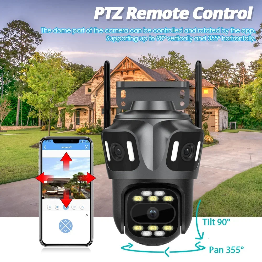كاميرا مراقبة واي فاي ICSee ثلاث عدسات 12MP 6K مع ثلاث شاشات خارجية 360° للأمان الذكي في المنزل