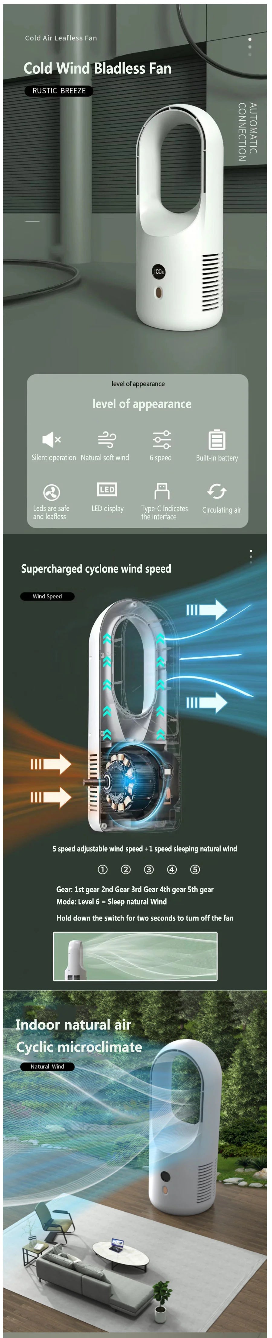 مروحة مكتبية بلا شفرات 2024 مع شاشة LED، مروحة تهوية صامتة محمولة لشحن Type-C