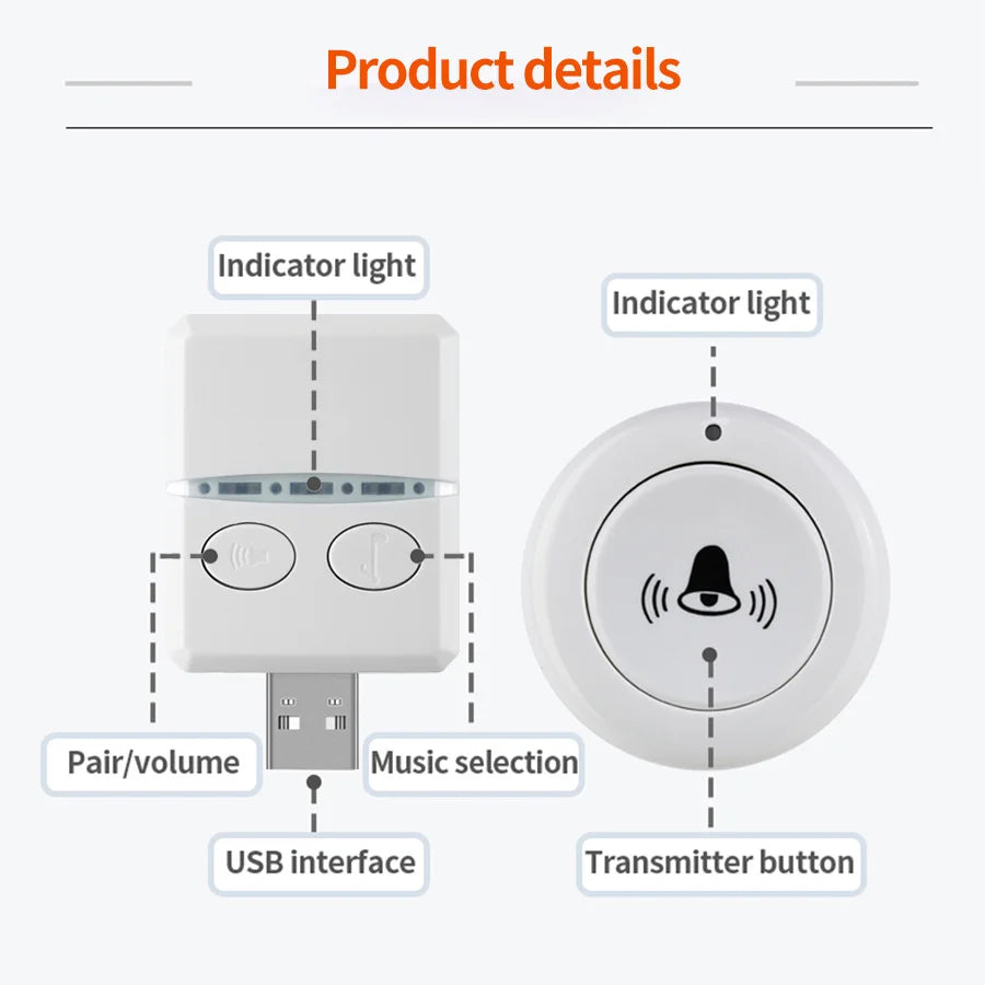 جرس باب لاسلكي DC 5V RF433 MHz مع تحكم عن بعد، 30 نغمة متاحة، تعديل حجم الصوت، مثالي للاستخدام في المنزل أو في الهواء الطلق، جرس USB لرعاية السرير واستدعاء المساعدة