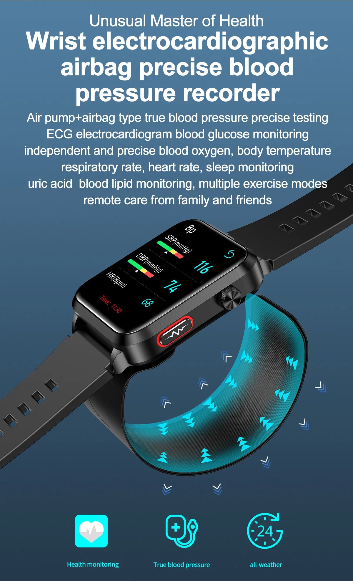 ساعة ذكية صحية 2024 مع مضخة هواء وكشف دقيق لضغط الدم ECG+PPG لمراقبة معدل ضربات القلب ومستويات السكر في الدم للرجال والنساء