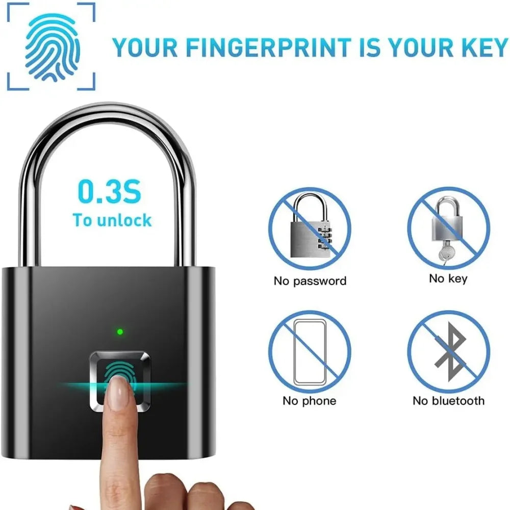 قفل ذكي بدون مفتاح بشحن USB وقفل بصمة إصبع مقاوم للماء قفل محمول مضاد للسرقة مصنوع من الزنك