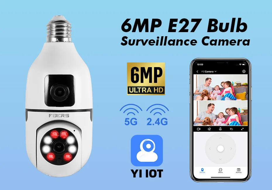 كاميرا واي فاي E27 FUERS 6MP 5G بزاوية مزدوجة ورؤية ليلية ملونة ومتابعة تلقائية مع صوت ثنائي الاتجاه