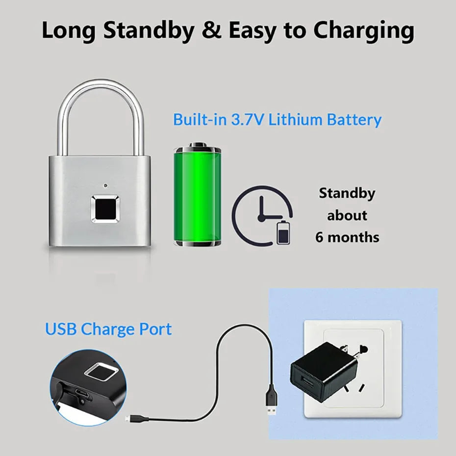 قفل ذكي بمستشعر بصمة أصبع وشحن USB بدون مفتاح - مقاوم للماء ومضاد للسرقة