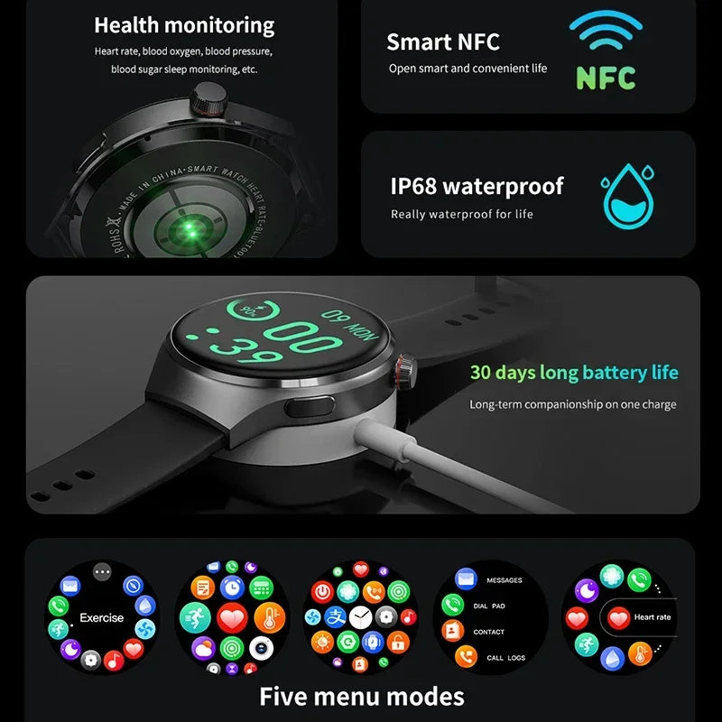 ساعات ذكية جديدة 2023 GT4 Pro للرجال مع خاصية IP68 و NFC و GPS شاشة AMOLED 360*360 عالية الدقة متعقب نبضات القلب مكالمات بلوتوث متوافقة مع هواوي