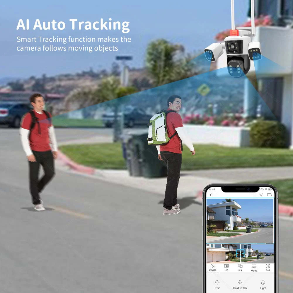 كاميرات أمان واي فاي 16 ميجابكسل 8K بأربعة عدسات وثلاث شاشات 10X زوم كاميرا فيديو خارجية PTZ تتبع تلقائي مقاومة للماء 6K